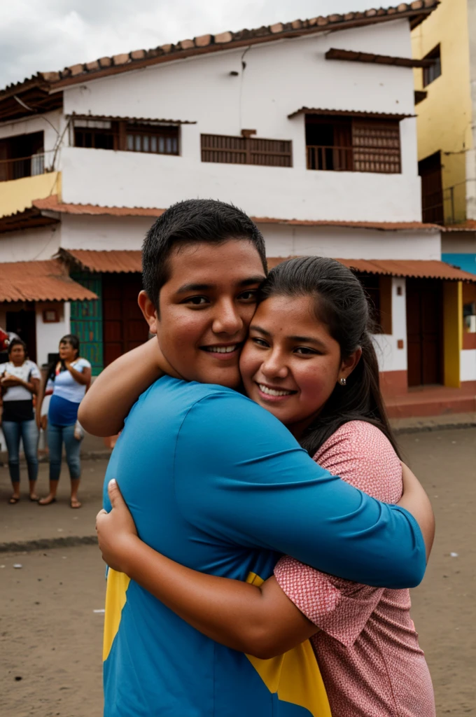 A young politician with a tall chubby presence , hugging people in a city like Santa Rosa El Oro in Ecuador . 