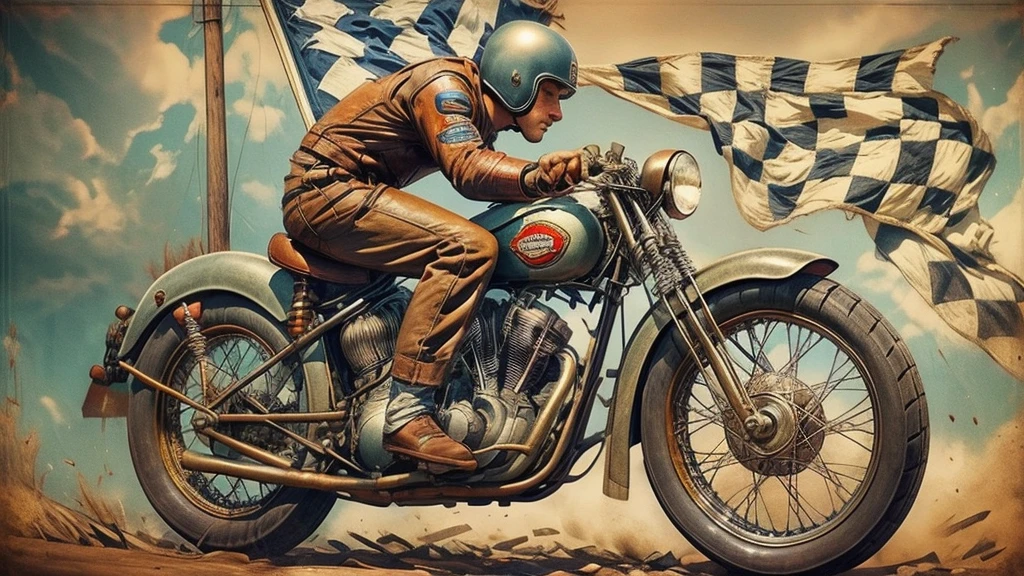 1940's era motorcycle racing, leather motorcycle helmets, checkered flag, dirt track, (early Harley Davidson motorcycles, bobber motorcycles, detailed motorcycle, detailed motor, detailed tires, proportional motorcycle frames), detailed faces, detailed riders, poster style picture, frank frazzeta style, 