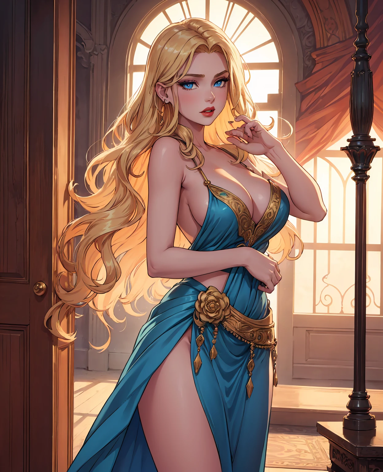 a beautiful young woman, , long wavy blonde hair, piercing blue eyes, delicate facial features, full red lips, graceful pose, elegant evening gown, shimmering sequins, cinched waist, flowing skirt, confident expression, standing in a glamorous setting, dramatic lighting, high-contrast shadows, cinematic atmosphere, (best quality, 8k, highres, masterpiece:1.2), ultra-detailed, (realistic, photorealistic:1.37), dramatic portrait, fashion photography style