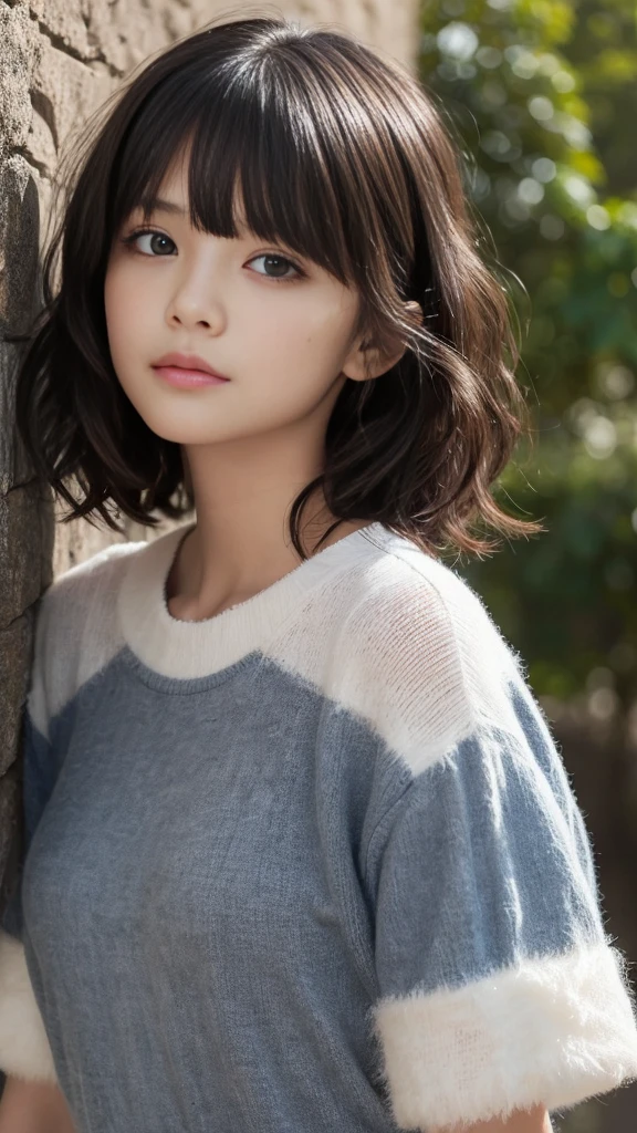 (Highest quality, Very detailed, masterpiece:1.2), 1 women, Very thin body, length, Thin legs, ((Black wavy short layered cut hair hair:1.2)), ((Thick and fluffy bangs)), Very detailedな顔,A faint smile, small, Thin Nose, small thin mouth, Extremely sharply focused eyes, Japanese, Beautiful Face, Realistic eyes, Beautiful and beautiful eyes, Realistic Skin, Beautiful Skin, charm, (A vivid face), Beautiful Hairstyles,((Over Size Tシャツ)),脇を見せる,腕を上げる,Creepy and unique hairstyles,下からのアングル, High resolution, Vibrant color palette, Mysterious and mysterious stone wall, Amazing place,Characteristic dark shadows and strange details, background, Backwards