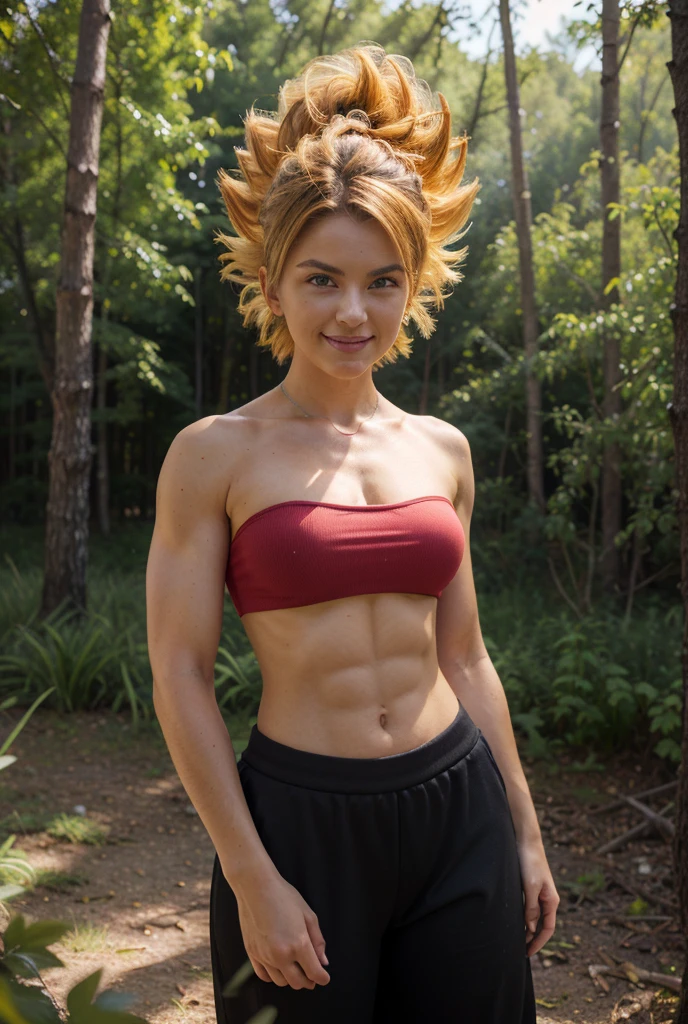 ((masterpiece, best quality, 4k, detailed, realistic)),(highres), perfect body, (a cute young woman,large_breasts, cauliflassj, 1girl, solo, aqua eyes, blonde hair, spiked hair, big hair, super saiyan, bare shoulders, midriff, pnk top, crop top, strapless, tube top, bandeau, purple pants, baggy pants, puffy pants, black wristband, smile,closed mouth,cowboy shot,standing),looking at viewer, happy,absurdres, narrow hips, thick thighs,fit body,detailed face, detailed background, detailed hair, BREAK  (in a forest with river and mountain and a superb atmosphere and with rays of light passing through the leaves of the trees),standing pose, dynamic angle, outdoor,(((super muscular girl, giant))),(((Hulk woman,spik hair,super sayan))). 