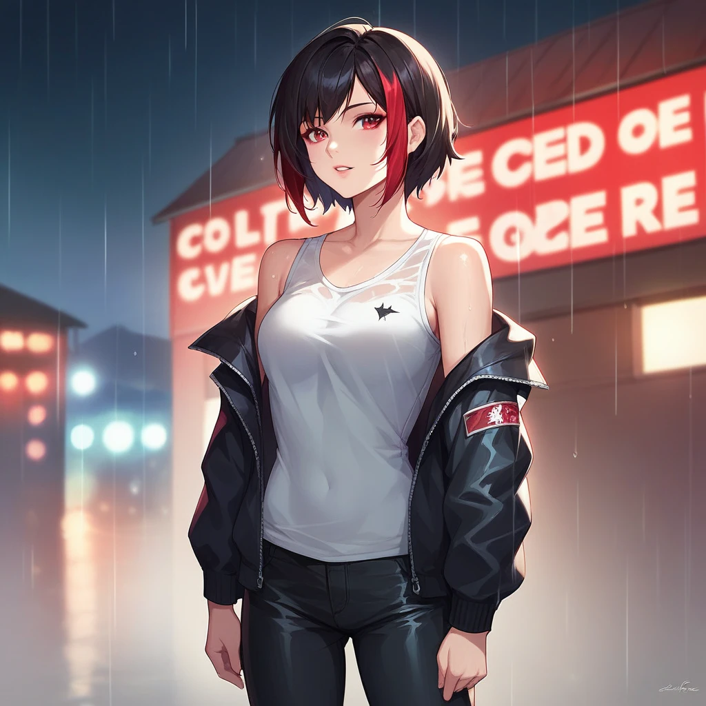 mixed_artstyle, 1 girl, Alone, hands, Asian, short black sleeveless t-shirt, black pants, Black jacket with red lines, short black hair with red highlights, red eyes, 8K, textures, details, Dark, night, dreamcore, rainy environment, looking at the rain