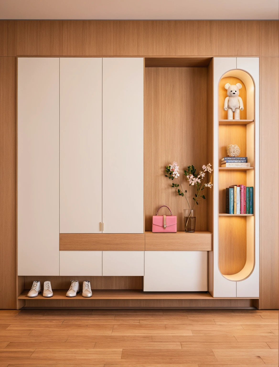 Raw photo,Masterpiece, high quality, best quality, authentic, super detail, interior, shoes Cabinet style modern luxury , sunset, daylight, shoe cabinets, decorative cabinets, flower vases, decorations, books, wooden floor, handbags, shoes, bearbrick, (pink and white tones)