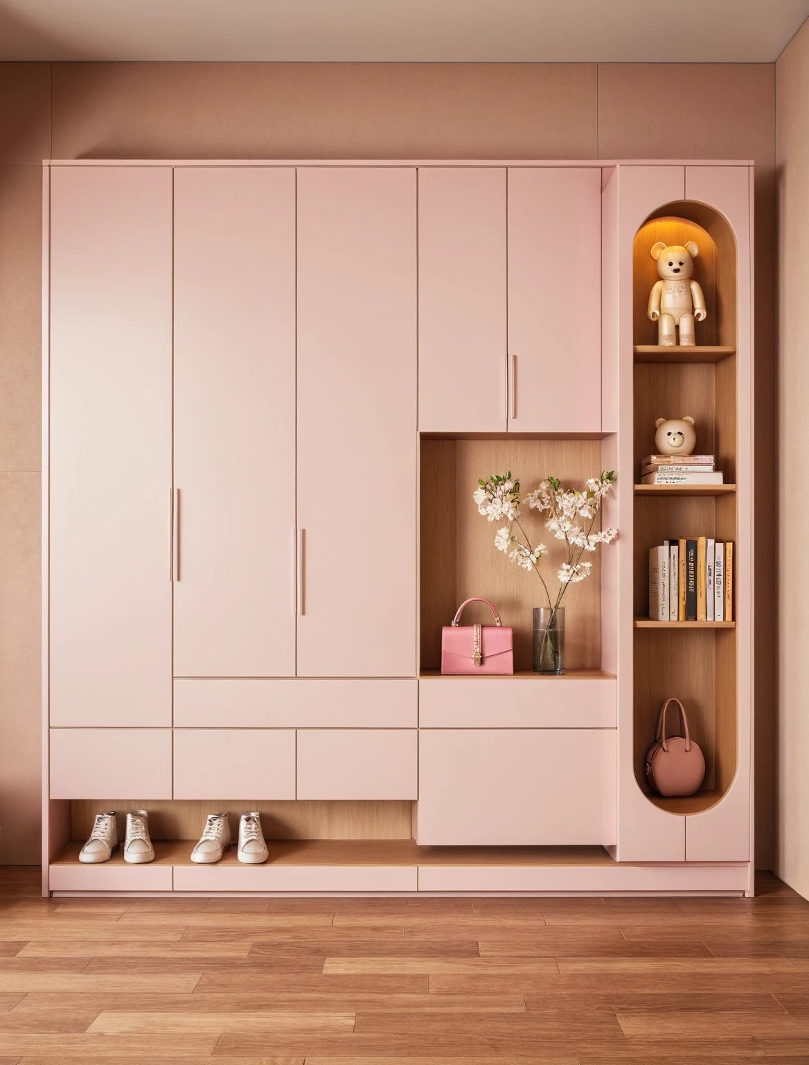 Raw photo,Masterpiece, high quality, best quality, authentic, super detail, interior, shoes Cabinet style modern luxury , sunset, daylight, shoe cabinets, decorative cabinets, flower vases, decorations, books, wooden floor, handbags, shoes, bearbrick, (pink and white tones)