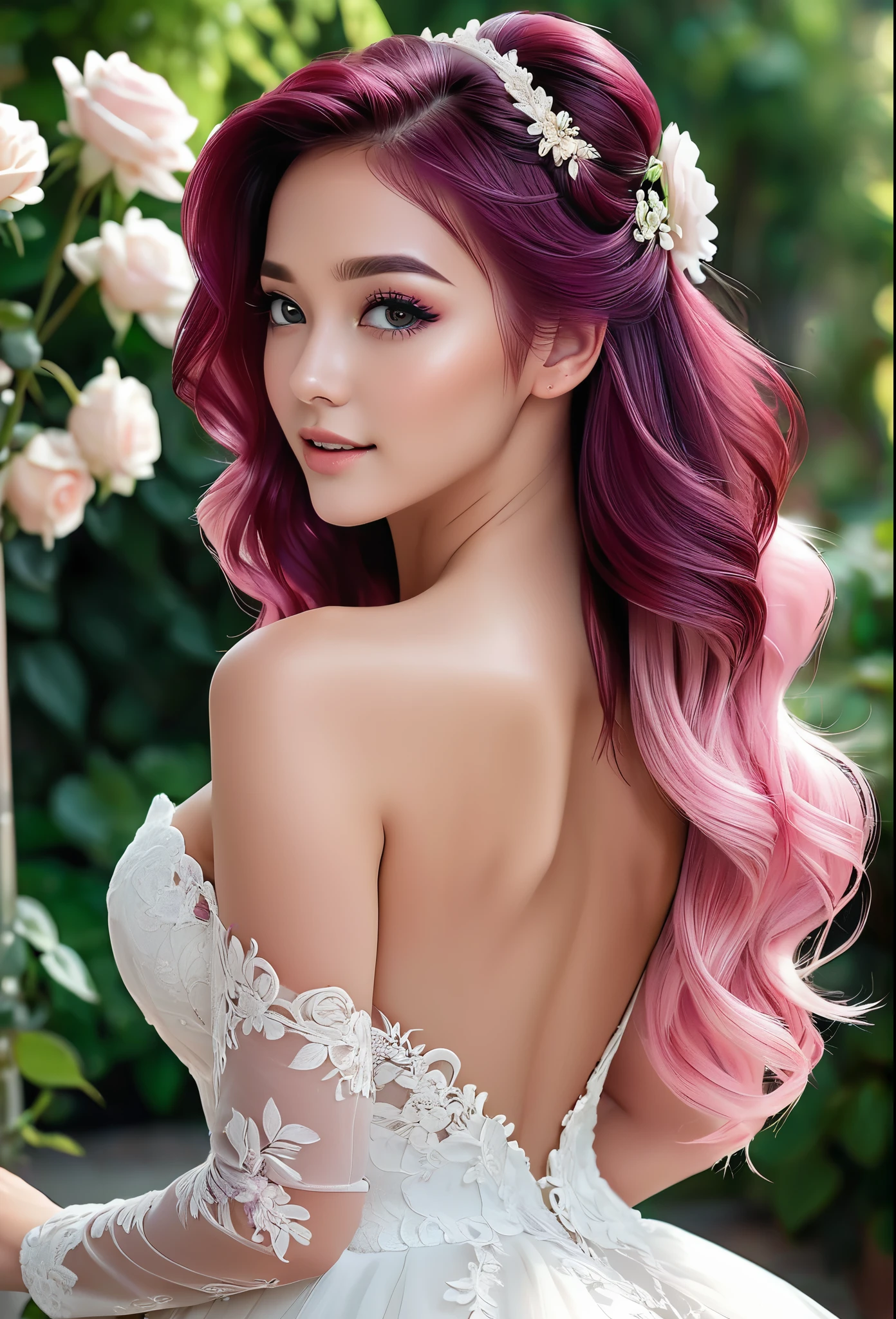 (masterpiece, best quality, beautiful and aesthetic:1.3), side view, look back, 1 girl, Happy,  smirk,  (Claret hair Gradient pink hair:1.6), Absurdly long hair, half updo half up half down, wavy end, shiny hair, Flowing hair, (glowing purple eyes), Exquisite eyes, Aqua eyes, Super high detail eyes, long upper eyelashes, cosmetic, focus on face, Very rich facial details, Pretty Face, Perfect breasts, Hot body, (The skin texture is delicate:1.2), white Wedding dress, Lace-trimmed dress, transparent, Wedding dress, outdoor, White Rose, garden, morning, Everlasting, Very detailed, 