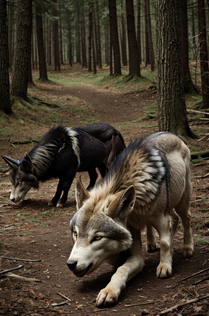 Make a scary old wolf image trying to eat a young goat. The image is scary. There is a goat and a wolf in the forest.
