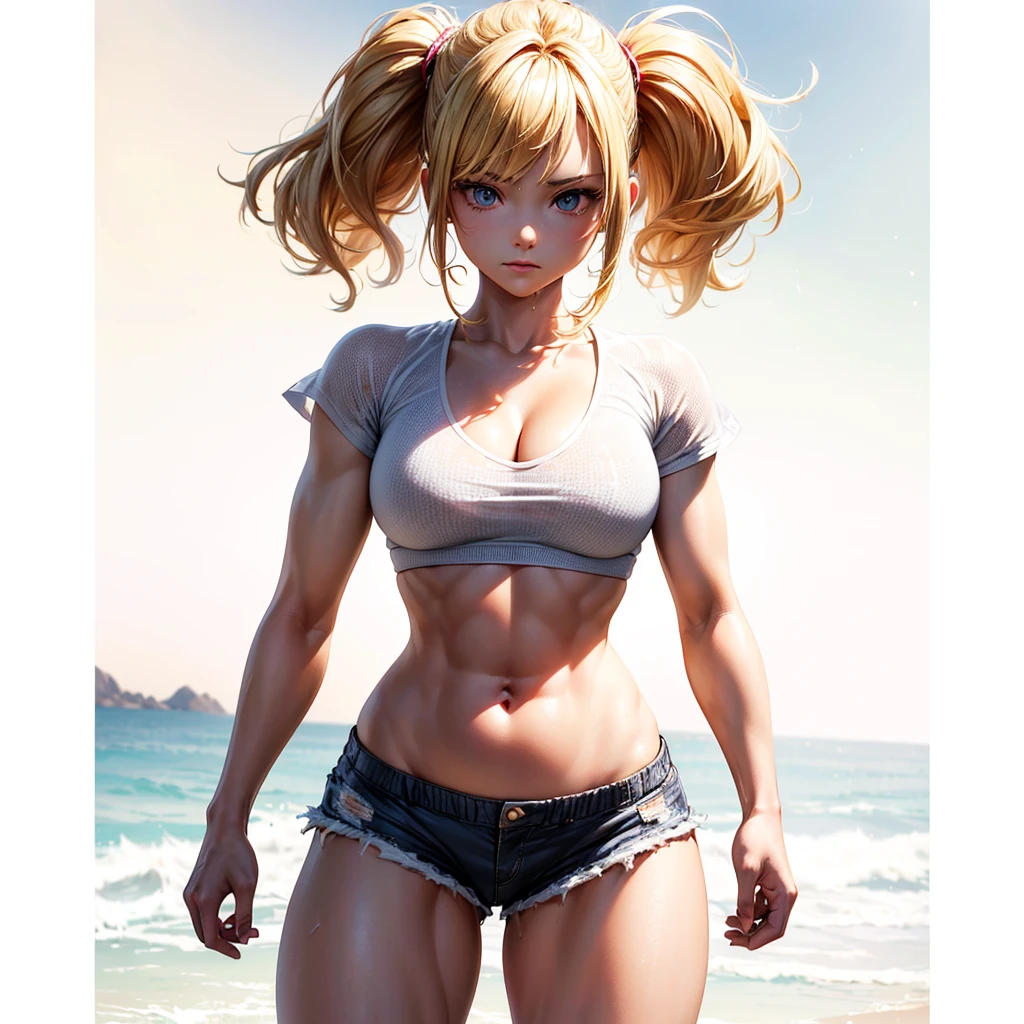 Exaggerated blonde hair hedgehog, female warrior, gorgeous fighting posture, super beautiful shining eyes, shy eyes, plump breasts exposing her cleavage and navel, muscular, wearing a sports short-waisted top and ultra-short hot pants , his shirt and shorts were severely torn and ripped. He slipped backwards and fell to the floor. He accidentally opened his legs, and a large amount of viscous white liquid flowed out of his inner thighs. The wet body shows a pained expression, a full-body picture presented in a hyper-realistic style.
Coupled with the strong light and shadow effects, the character outlines are clearer and the muscle lines are more prominent, showing a stronger three-dimensional sense, (8K, real-time, highest quality, masterpiece: 1.4), ultra-clear web page, (lifelike, lifelike: 1.48), Masterpiece, Best Quality, Ultra Detailed, 8K, Detailed Lights, Detailed Shadows, Original, (Detailed Skins), (Photorealistic: 1.2)
