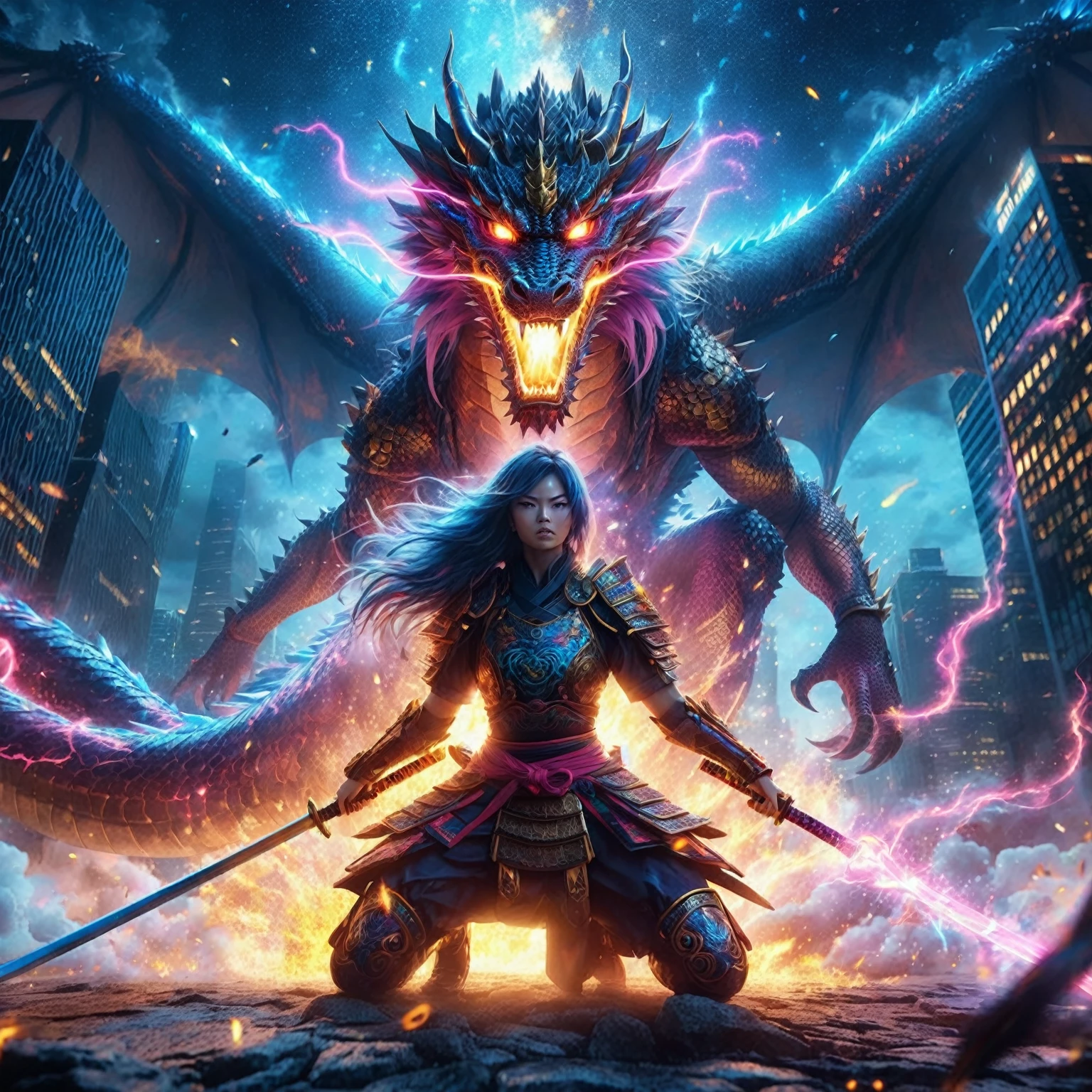 Angle shot of high ground, skyscrapers on low ground, portrait of an beautiful female samurai warrior fighting with the giant dragon, The dragon amazing flame burst fire, facing the camera, angry, body decorated with glowing gold runes, pink and blue glowing aura around her, dynamic body epic action pose, full body WARIOR armor, jet black smoke feathers, the pink and blue milky way at night, lightning flash, intricate details surreal fantasy warior art, 16k.