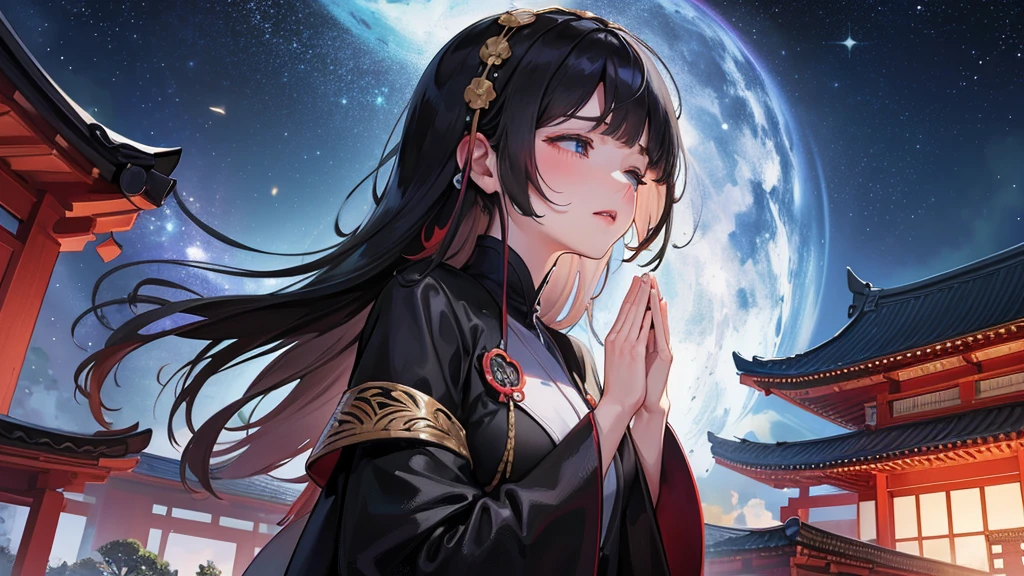 panoramic, low angle, (Memorial ,style) (Pressing palms together in prayer, looking at sky) (in a lady Mourning Costume), break, (solo:2, 15 yo, blunt bangs:1.2 black hair long hair girl, sad closed eyes, tears of eyes), (praying to Grandmother), in the night Dazaifu Tenmangu Shrine Memorial Tower rooftop, (background Lifestream Covering the night sky and Galaxy), BREAK, perfect anatomy, masterpiece, best quality, 16k, beautiful detailed lifestream, daydreaming expression.