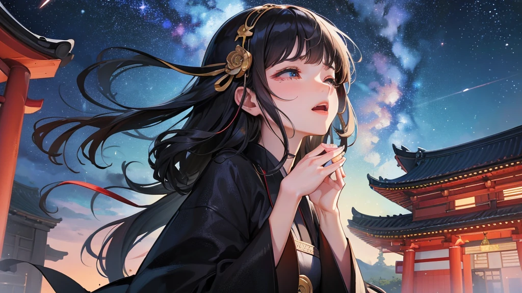 panoramic, low angle, (Memorial ,style) (Pressing palms together in prayer, looking at sky) (in a lady Mourning Costume), break, (solo:2, 15 yo, blunt bangs:1.2 black hair long hair girl, sad closed eyes, tears of eyes), (praying to Grandmother), in the night Dazaifu Tenmangu Shrine Memorial Tower rooftop, (background Lifestream Covering the night sky and Galaxy), BREAK, perfect anatomy, masterpiece, best quality, 16k, beautiful detailed lifestream, daydreaming expression.