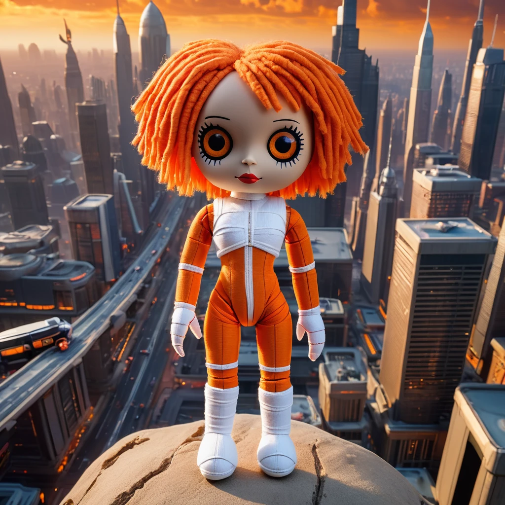 (knitted toy voodoo doll:1.7), (Voodoo as Leeloo from The Fifth Element:1.3), (Clothing: iconic white bandage outfit with orange suspenders:1.0), (background: futuristic cityscape with flying cars, glowing skyscrapers and otherworldly atmosphere:1.2), best quality, masterpiece, detailed soft oil painting, detailed background, dramatic cinematic lighting, soft edge lighting, professional, dramatic lighting, hard edge lighting, ultra quality, 4k, masterpiece, best quality, 8k, ultra high definition, high resolution, extremely detailed