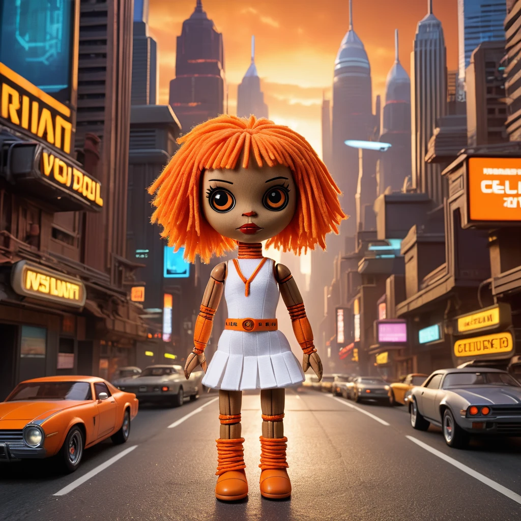 (knitted toy voodoo doll:1.7), (Voodoo as Leeloo from The Fifth Element:1.3), (Clothing: iconic white bandage outfit with orange suspenders:1.0), (background: futuristic cityscape with flying cars, glowing skyscrapers and otherworldly atmosphere:1.2), best quality, masterpiece, detailed soft oil painting, detailed background, dramatic cinematic lighting, soft edge lighting, professional, dramatic lighting, hard edge lighting, ultra quality, 4k, masterpiece, best quality, 8k, ultra high definition, high resolution, extremely detailed