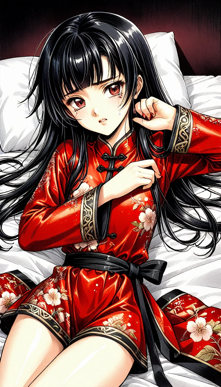 A tragic historical drama in 8k live-action style: Beautiful palace secrets　Beautiful 10 year old Chinese Kung Fu girl with long black hair has very rough unwanted sex with old man emperor　Gorgeous embroidery, Ultra glossy, She is wearing a shiny red top and bottom long sleeve floral pajama kung fu suit....　　She was laid down on a floral futon、When the penis is inserted, she cries and resists.。.　