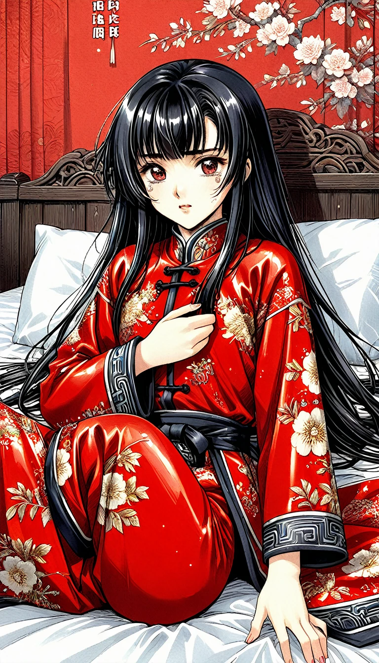 A tragic historical drama in 8k live-action style: Beautiful palace secrets　Beautiful  Chinese Kung Fu girl with long black hair has very rough unwanted sex with old man emperor　Gorgeous embroidery, Ultra glossy, She is wearing a shiny red top and bottom long sleeve floral pajama kung fu suit....　　She was laid down on a floral futon、When the penis is inserted, she cries and resists.。.　