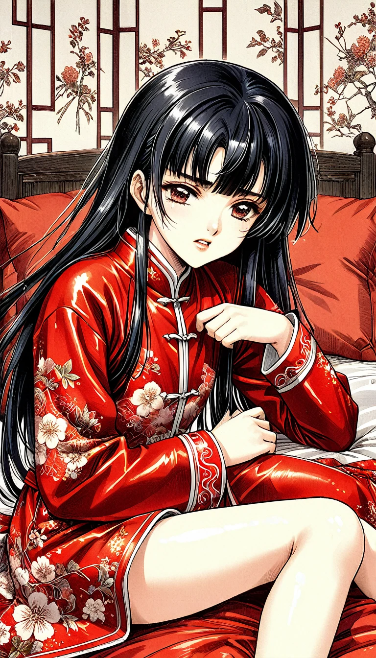 A tragic historical drama in 8k live-action style: Beautiful palace secrets　Beautiful 10 year old Chinese Kung Fu girl with long black hair has very rough unwanted sex with old man emperor　Gorgeous embroidery, Ultra glossy, She is wearing a shiny red top and bottom long sleeve floral pajama kung fu suit....　　She was laid down on a floral futon、When the penis is inserted, she cries and resists.。.　