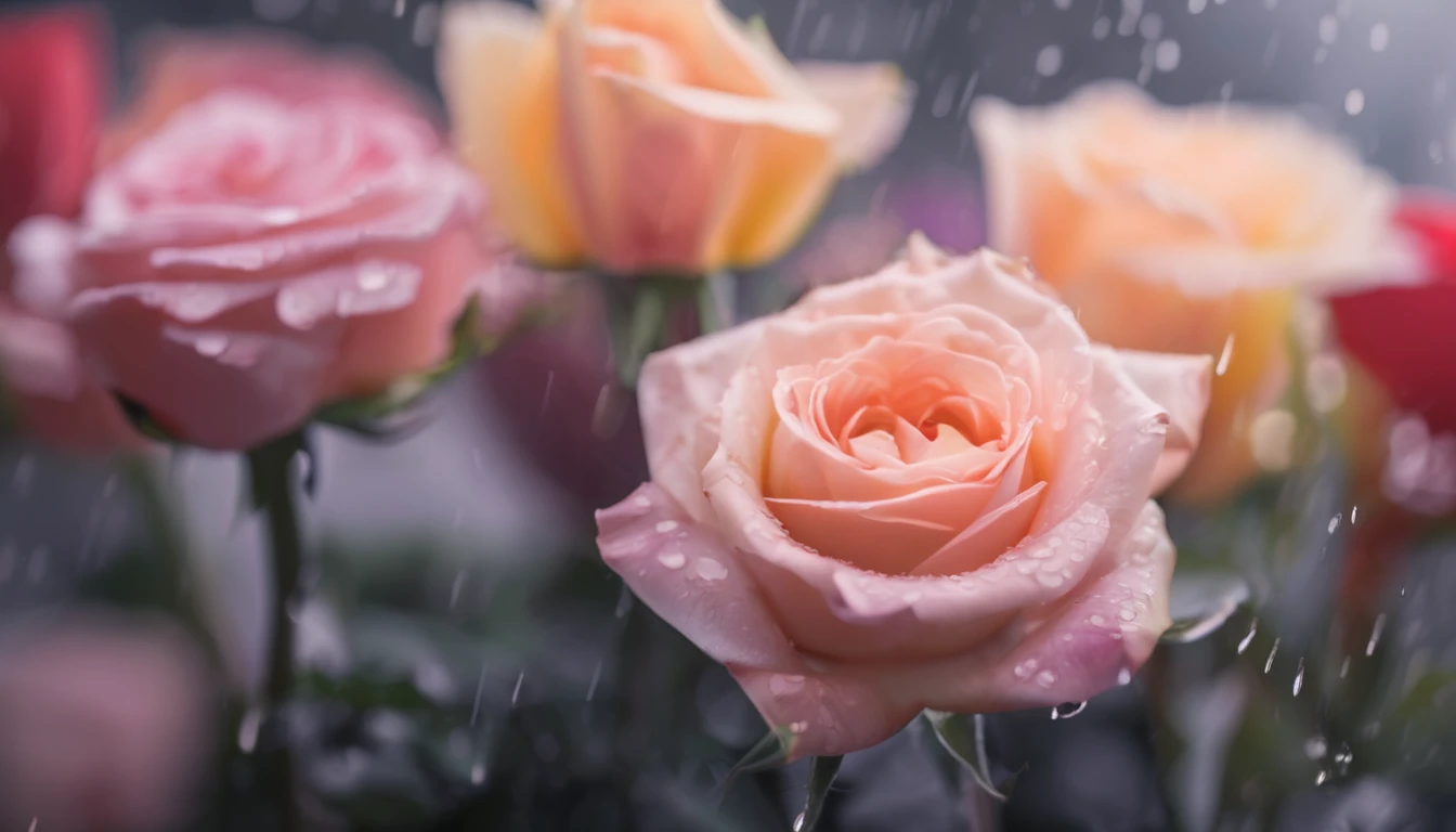 Various roses around. Blurred light rainvow background