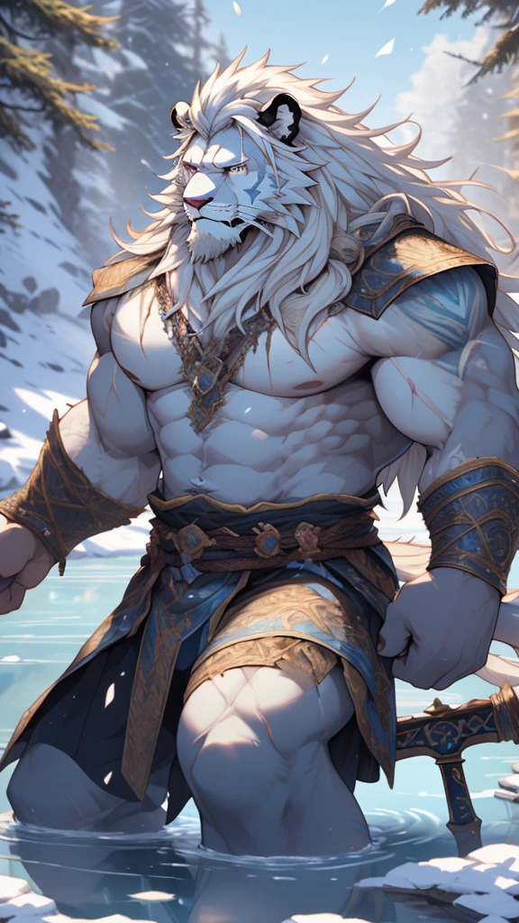 (masterpiece),(highres),(intricate details:1.4),extremely detailed,(illustration:1.2),8k,photorealistic,exquisite,solo,aged,elder male lion ,muscular,swordsman,manhood ,(white hair:1.3),long hair,long white beard,scar,badly damaged,hurt,broken body ,the icey frozen lake,bleeding ,suffering,naked body 