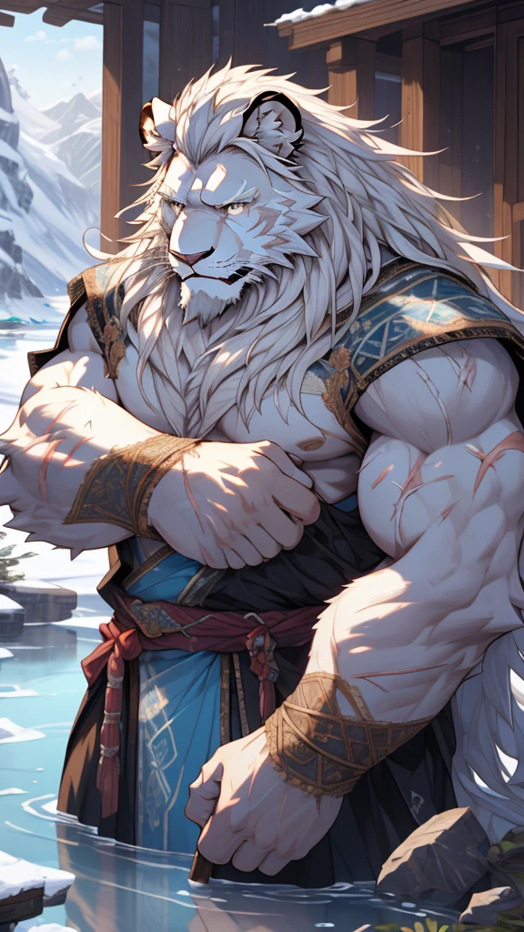 (masterpiece),(highres),(intricate details:1.4),extremely detailed,(illustration:1.2),8k,photorealistic,exquisite,solo,aged,elder male lion ,muscular,swordsman,manhood ,(white hair:1.3),long hair,long white beard,scar,badly damaged,hurt,broken body ,the icey frozen lake,bleeding ,suffering,naked body