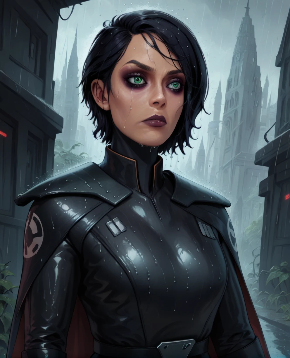 score_9,score_8_up,score_7_up,score_6_up, sabine wren
,green eyes,black hair, upper body, wet, armor,gloves,black bodysuit,black cape,belt,rain, science fiction,sith base, star wars, outdoors, rain, solo,fflixbag wearing armor sabine wren
