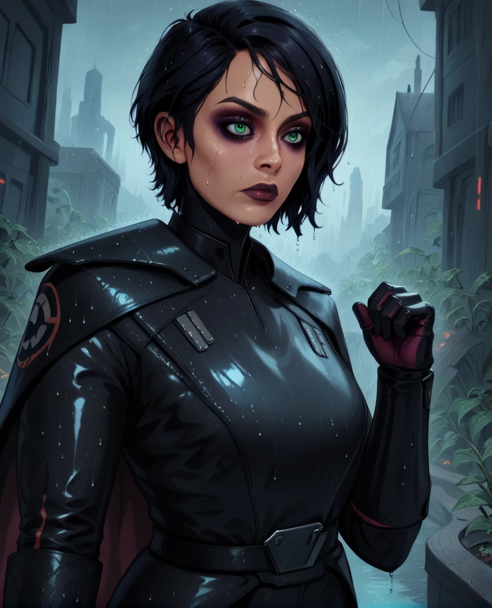 score_9,score_8_up,score_7_up,score_6_up, sabine wren
,green eyes,black hair, upper body, wet, armor,gloves,black bodysuit,black cape,belt,rain, science fiction,sith base, star wars, outdoors, rain, solo,fflixbag wearing armor sabine wren