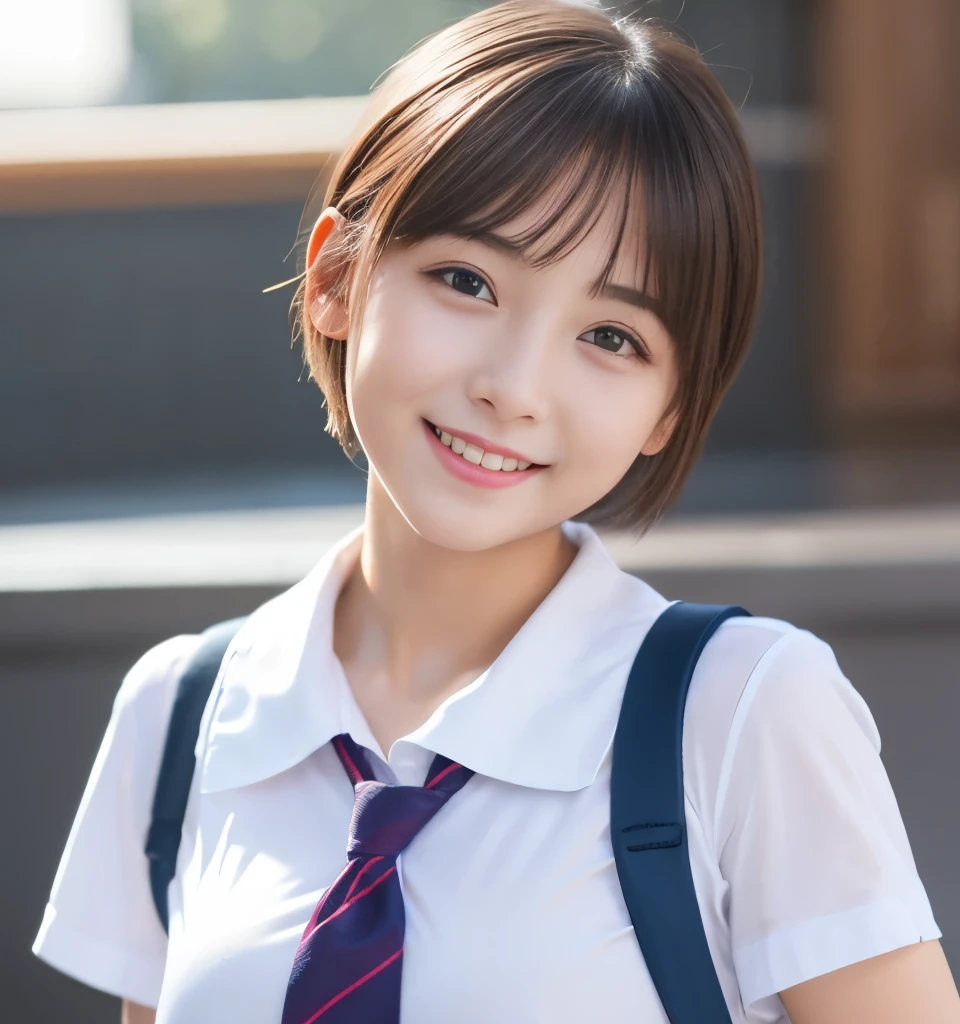 Best image quality、Highest quality、masterpiece、Ultra-high resolution、、immature、Realistic:1.4、Professional Lighting、Cute school girl、Baby Face、Very short hair、thin、Moderate size chest cup bust、Large erect nipples、smile、（I&#39;m wearing a stylish blouse、I can see her cleavage:1.4）、Wearing denim pants、standing front of train station、Tabletop
