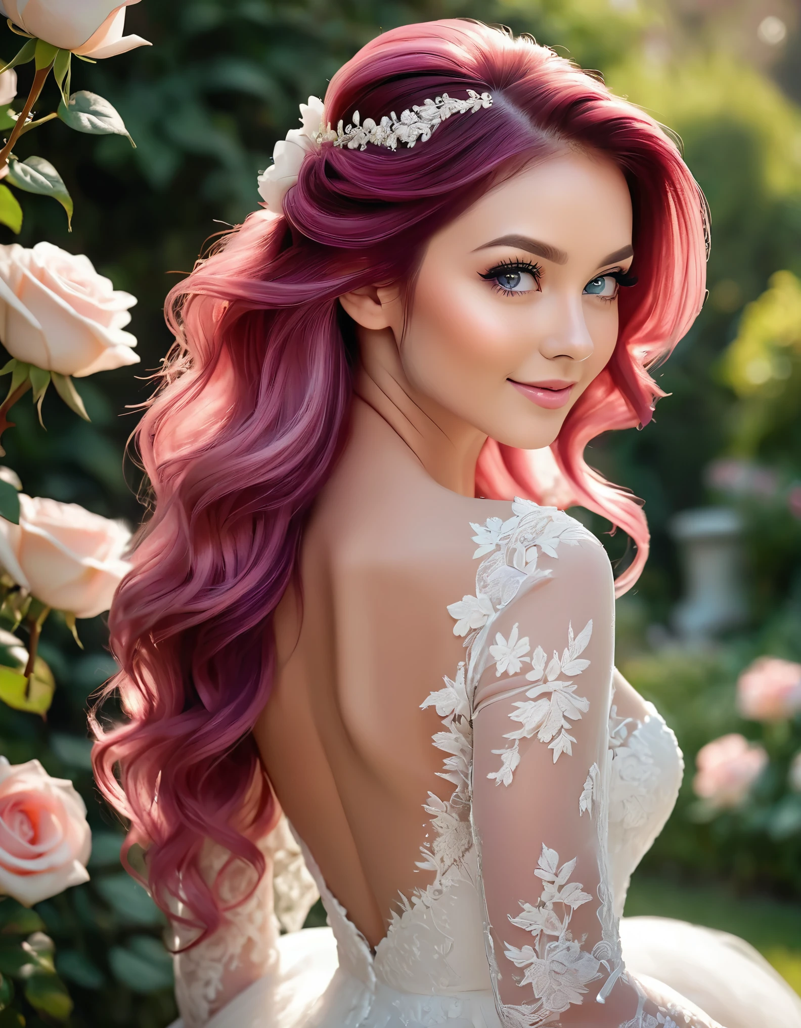 (masterpiece, best quality, beautiful and aesthetic:1.3), side view, look back, 1 girl, Happy,  smirk,  (Claret hair Gradient pink hair:1.6), Absurdly long hair, half updo half up half down, wavy end, shiny hair, Flowing hair, (glowing purple eyes), Exquisite eyes, Aqua eyes, Super high detail eyes, long upper eyelashes, cosmetic, focus on face, Very rich facial details, Pretty Face, Perfect breasts, Hot body, (The skin texture is delicate:1.2), white Wedding dress, Lace-trimmed dress, transparent, Wedding dress, outdoor, White Rose, garden, morning, Everlasting, Very detailed, 