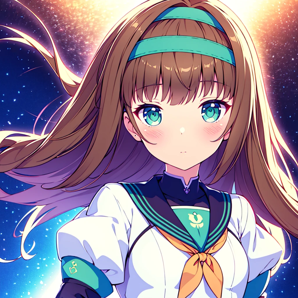 (best quality,4k,highres),ultra-detailed,realistic,portraits,green eyes, long brown hair,anime style,futuristic,Y2K aesthetic,ribbon headband,small breast,futuristic sailor lolita dress,puffy sleeves,white and blue,colorful lighting. Full body