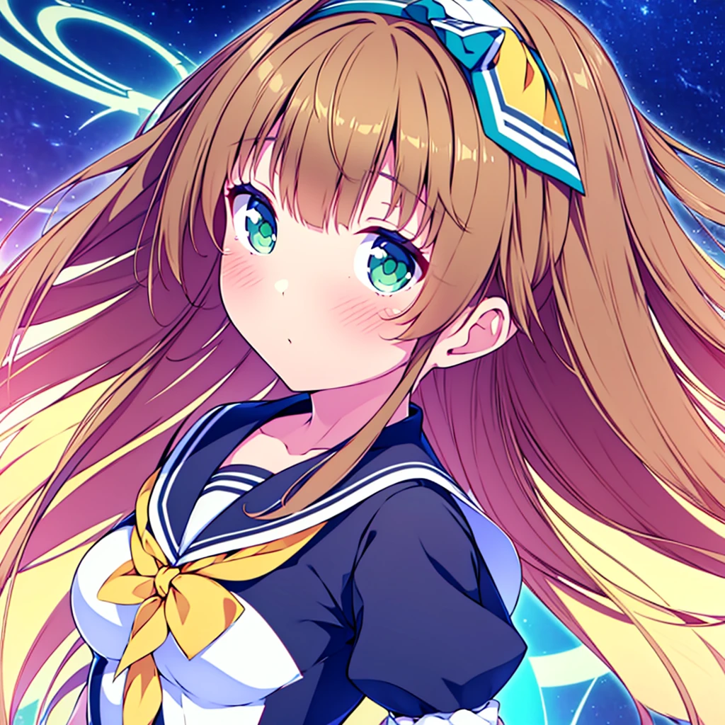 (best quality,4k,highres),ultra-detailed,realistic,portraits,green eyes, long brown hair,anime style,futuristic,Y2K aesthetic,ribbon headband,small breast,futuristic sailor lolita dress,puffy sleeves,white and blue,colorful lighting. Full body