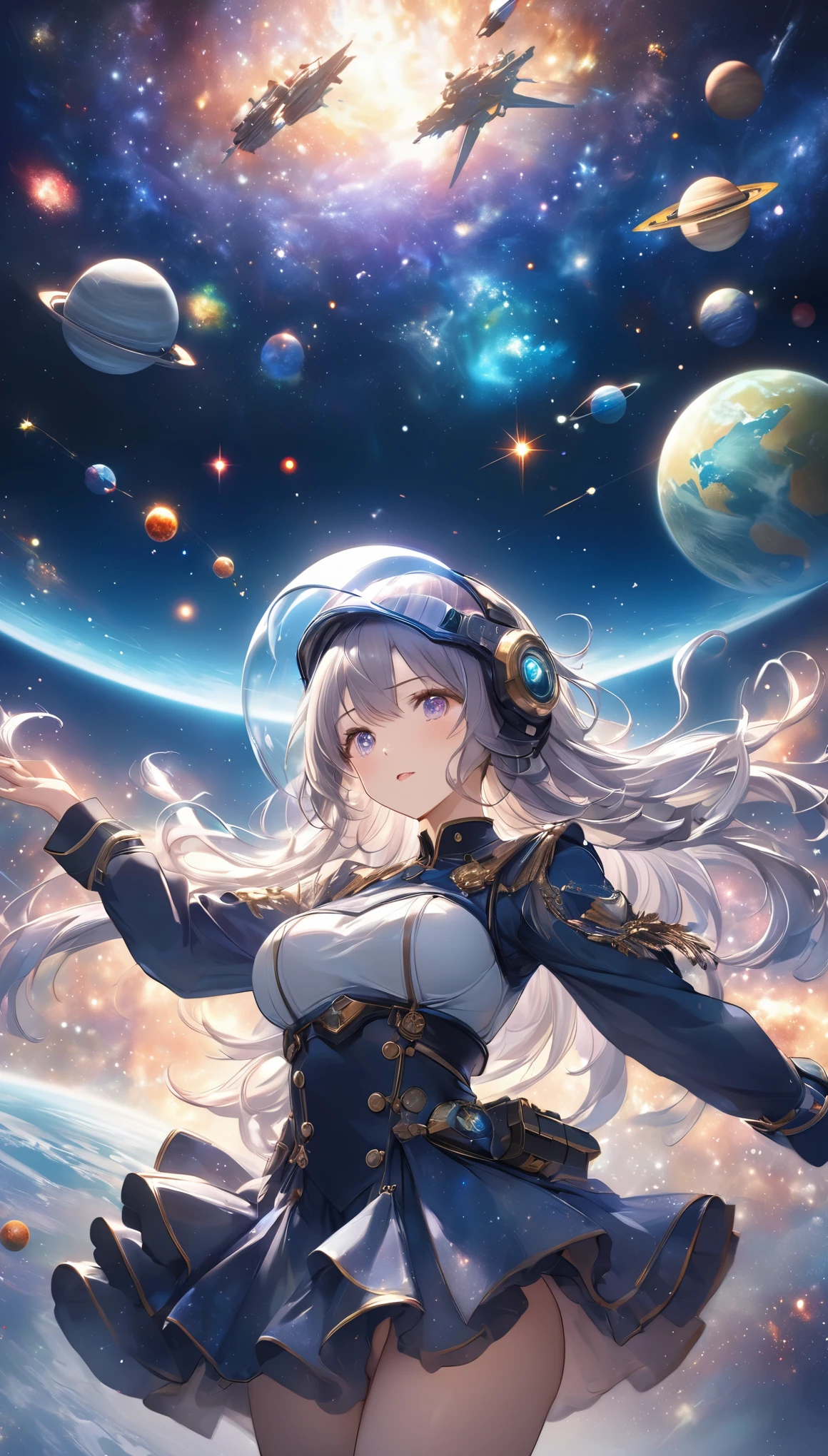 Highest quality, Highest quality, 16K, Unbelievably absurd, Very detailed, 2.5D, delicate and dynamic, universe, planet, war, universe戦艦ヤマト, 鮮やかな色のplanet, Tiny faint lights and colorful meteors, space ships, universeステーション, Very delicate facial expressions, Delicate eye depiction, Upper body close-up,, erotic, dynamic sexy poses, Only sexy women, Healthy body shape, 22-year-old woman, Aristocratic women, Height: 170cm, Large, firm, swaying bust, Clear glass helmet, クリスタルの半透明のuniverse服, gun, 複雑な構造のuniverse服, カラフルなuniverse服, Battle Scenes