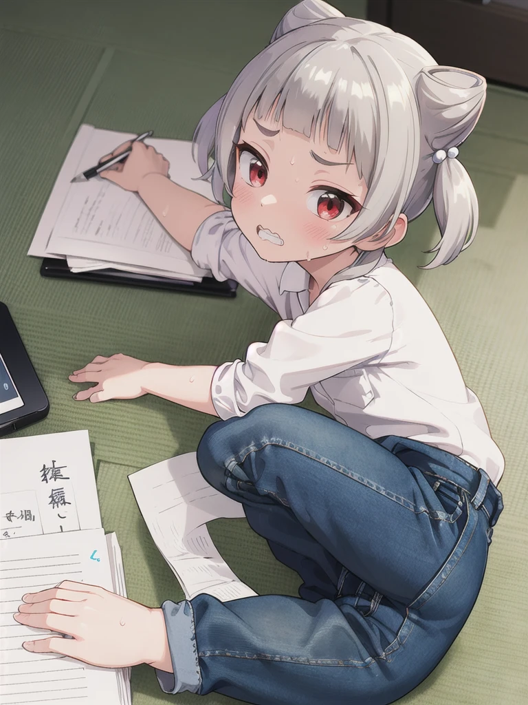 Dilapidated and dark Japanese-style room,青null,cloud,null_Red Missile,On the tatami_Prone,Near the PC,from side, top-down bottom-up,indoor,1 Girl, 独奏, Red eyes, Twin tails, brown hair,crawling,((顔 focus)),upper body,Green dress shirt,Blue denim pants, bangs, eyebrows visible through hair, Flat Chest,Look Down,teeth ,annoyed,panicking,Write on loose-leaf paper with a pen,((Sweat)),