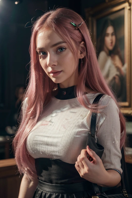 a girl with long pink hair, beautiful detailed eyes, beautiful detailed lips, extremely detailed eyes and face, longeyelashes, frontal pose, wearing a black short skirt, holding a bag, happy expression, loving, (best quality,4k,8k,highres,masterpiece:1.2),ultra-detailed,(realistic,photorealistic,photo-realistic:1.37),HDR,UHD,studio lighting,ultra-fine painting,sharp focus,physically-based rendering,extreme detail description,professional,vivid colors,bokeh,portrait