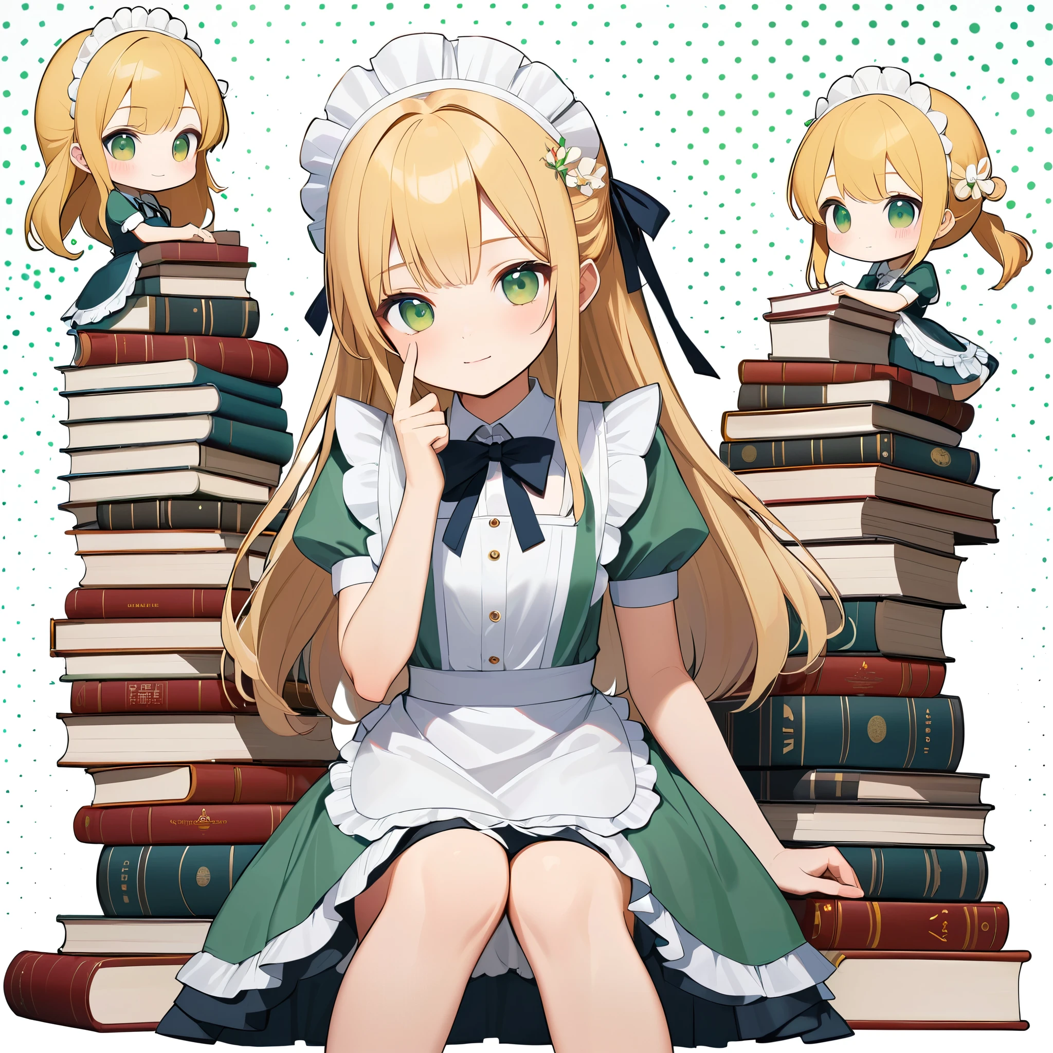 in style of by Liu Ye，whole body，1 Girl，Gray green maid outfit，white maid apron，Finger on jaw，Bow tie flowers，Sitting on several huge stacks of books，Long blond hair，Gray pupil，White background，Irregular squares dotted on the background，Light tones，Japanese manga style，Graphic Arts，2d，