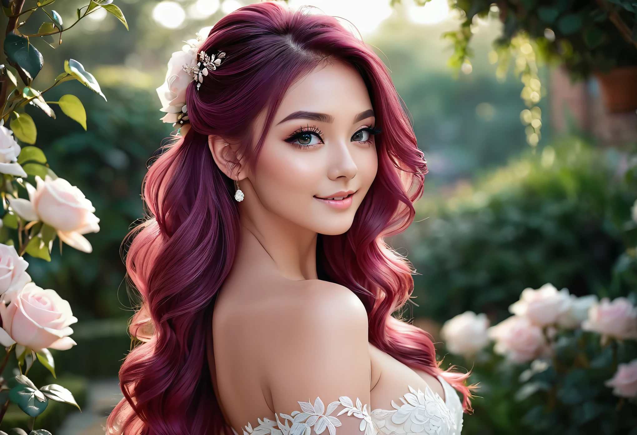 (masterpiece, best quality, beautiful and aesthetic:1.3), side view, look back, 1 girl, Happy,  smirk,  (Claret hair Gradient pink hair:1.6), Absurdly long hair, half updo half up half down, wavy end, shiny hair, Flowing hair, (glowing purple eyes), Exquisite eyes, Aqua eyes, Super high detail eyes, long upper eyelashes, cosmetic, focus on face, Very rich facial details, Pretty Face, Perfect breasts, Hot body, (The skin texture is delicate:1.2), white Wedding dress, Lace-trimmed dress, transparent, Wedding dress, outdoor, White Rose, garden, morning, Everlasting, Very detailed, 