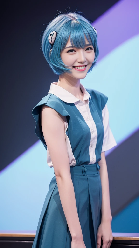 (Highest quality, High resolution, Tabletop:1.2), One Girl, ayanamirei, Bobcut, uniform,high school girl、 Upper Body View、Interface Headset, background, Light blue hair color, smile, Apply blush all over the face, Embarrassing, View your viewers