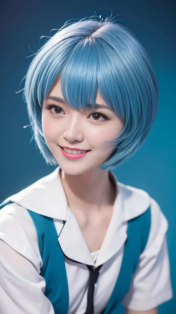 (Highest quality, High resolution, Tabletop:1.2), One Girl, ayanamirei, Bobcut, uniform,high school girl、 Upper Body View、Interface Headset, background, Light blue hair color, smile, Apply blush all over the face, Embarrassing, View your viewers