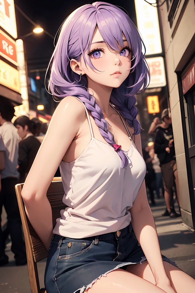 ((1 Girl)), (Low - Angle), (look up), Sexy Looks, Latest Fashion Trends, Sit on a chair, Neon Color Fashion, Put your hands in your pockets, Street fashion,camisole , mini skirt, Cowboy Shot,((Very detailed,Highest quality, High resolution, 8k wallpaper, Beautiful clothes,)),((Light purple hair, Shortcuts,Braided hair)) ,eye shadow, eyeliner,Glowing Eyes, Very detailedな目, Clear Eyes, Beautiful Eyes, 18-year-old girl.