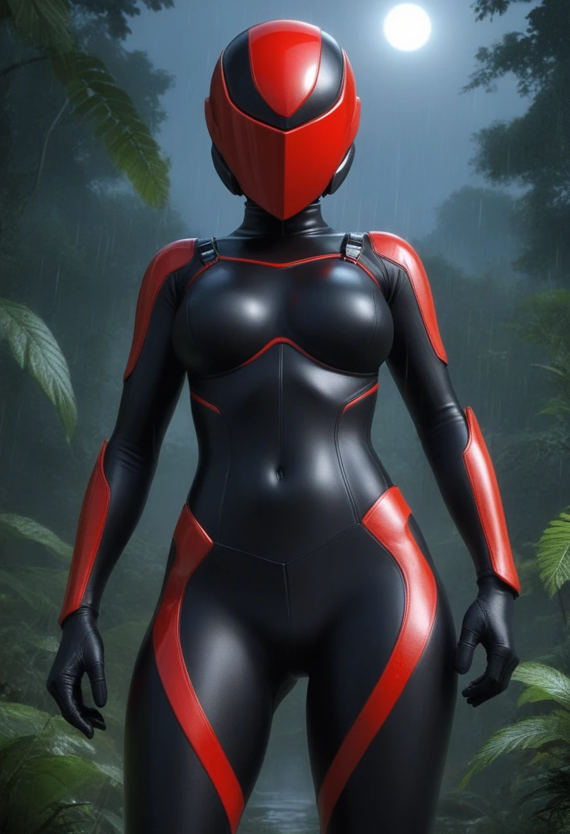 zPDXL, source_anime, BREAK Trilla, helmet with red visor, , armor,black gloves,tight bodysuit,,black pants, BREAK close-up, solo, standing, front view, medium breasts, hands on hips, wide hips, BREAK x3dce, 3d, jungle background, dense vegetation, rain, night, night sky,