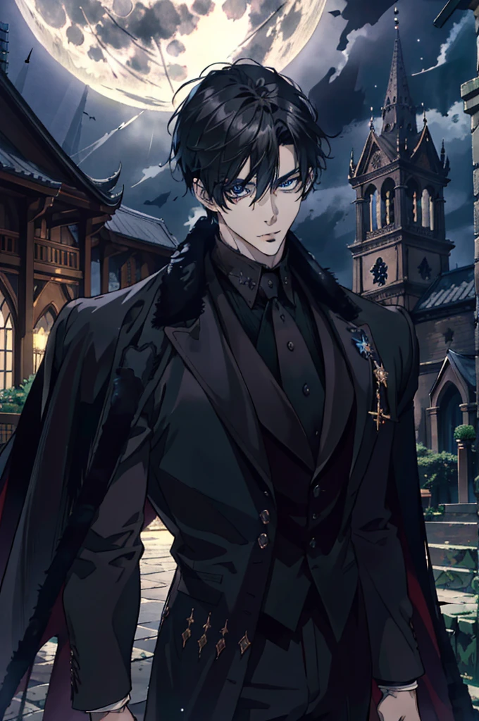 (nonsense, height, Very detailed), 1 man, adult, focus man, handsome, handsome, tall muscular man, Broad shoulders, Intricately detailed eyes and detailed face, short hairสีดำ, blue eyes, handsome, black suit, uniform, royal, ข้างหลังเขาเป็นfull moon, elegant, like a gentleman. He smiled friendlyly., Behind it is a brown church window., There was moonlight reflected behind.. All this in beautiful and gloomy light., which makes it look amazing. 4k wallpaper (High quality: 1.2, church at night: 1.5, ancient vampire clothing: 1.4) (((at night))) (exciting light, mysterious darkness) (((full moon))) designated face) perfect hand)Amazing light and shadow, view, Portrait,black fur shawl(Masterpiece,best quality,special, (Broad shoulders)) (muscle), black hair, short hair, ดวงblue eyes , ภาพระยะใกล้ของบุคคลในเสื้อคลุมยาวสีดำและblack hair,