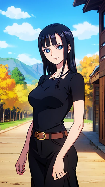 Nico robin, 1girl, solo, looking at viewer, cowboy shot, smiling, black hair, open hair, blue cerulean eyes, one piece nico robin, side bangs, out doors background, golden, cowboy clothes, cowboy style, cowboy costume,