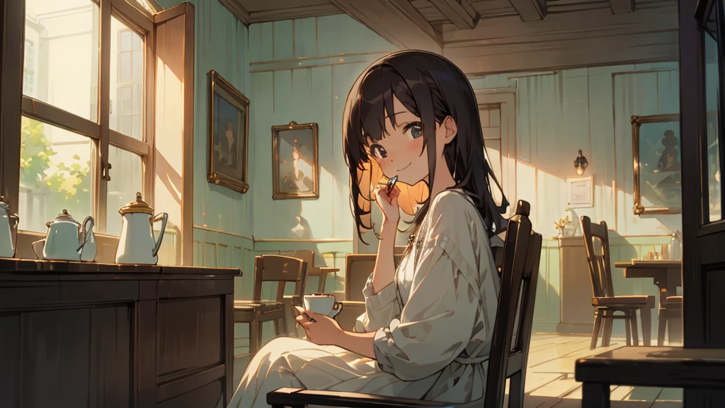 Stylish cafe、Anime Style、Freshly Brewed Coffee、Delicious looking baked goods、Relaxed atmosphere、Cozy atmosphere、Beautiful girl with dark hair sitting and drinking coffee、Wearing a dress、smile、Warm Light、avert your eyes、Ghibli style