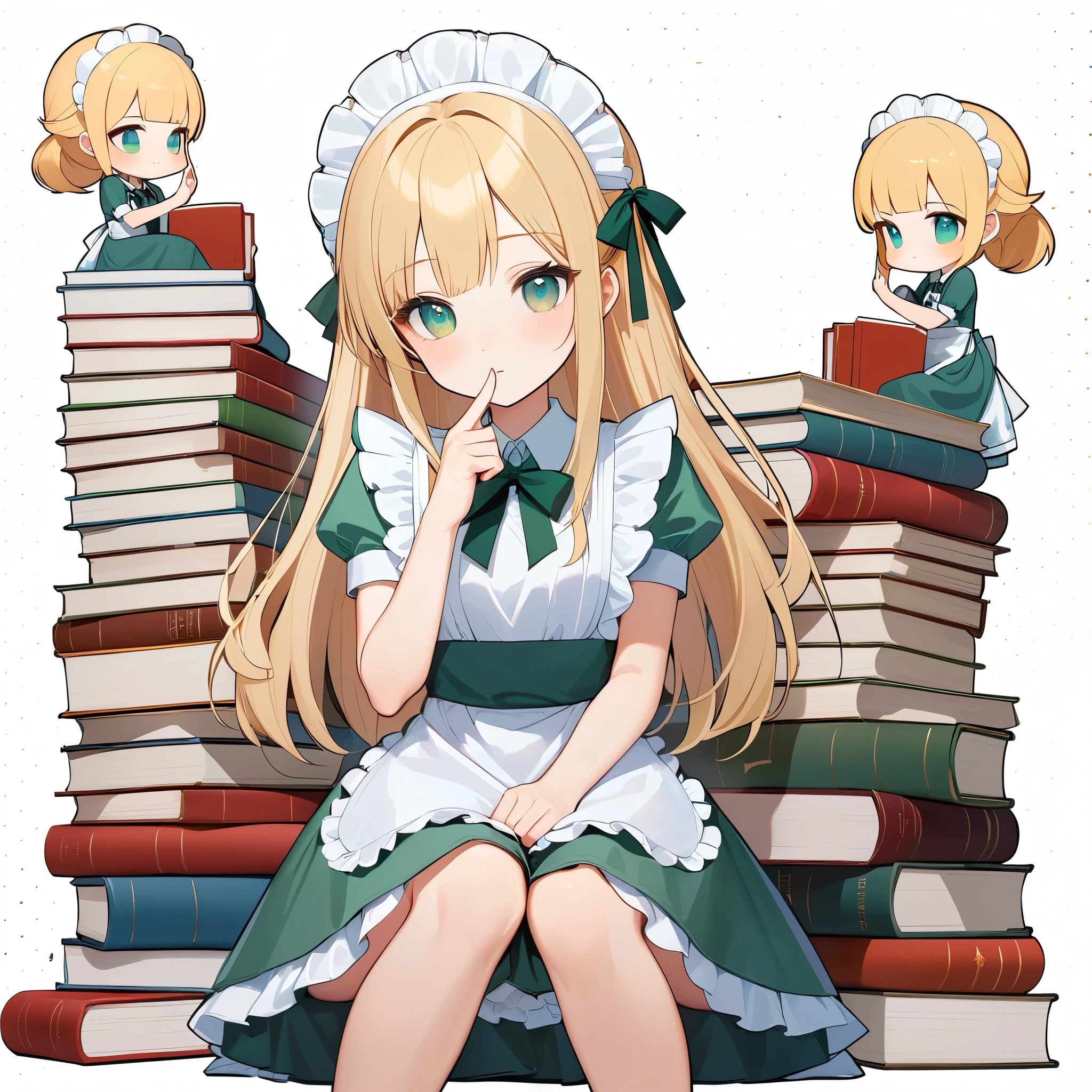 in style of by Liu Ye，whole body，1 Girl，Gray green maid outfit，white maid apron，Finger on jaw，Bow tie flowers，Sitting on several huge stacks of books，Long blond hair，Gray pupil，White background，Irregular squares dotted on the background，Light tones，Japanese manga style，Graphic Arts，2d，