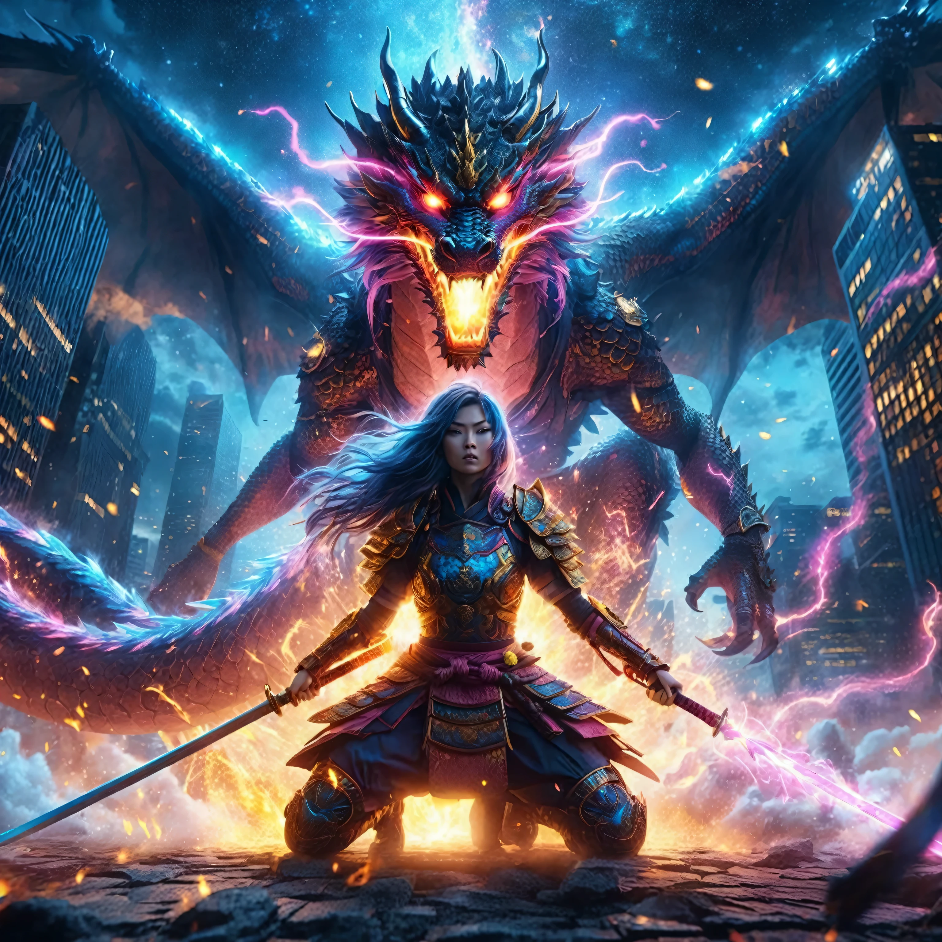 Angle shot of high ground, skyscrapers on low ground, portrait of an beautiful female samurai warrior fighting with the giant dragon, The dragon amazing flame burst fire, facing the camera, angry, body decorated with glowing gold runes, pink and blue glowing aura around her, dynamic body epic action pose, full body WARIOR armor, jet black smoke feathers, the pink and blue milky way at night, lightning flash, intricate details surreal fantasy warior art, 16k.