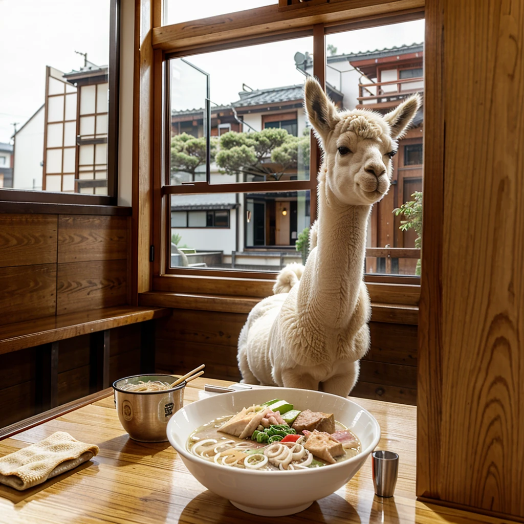 an alpaca in the Japanese Ramen shop. daytime , sit by the window, tonkotsu ramen and gyoza on the table