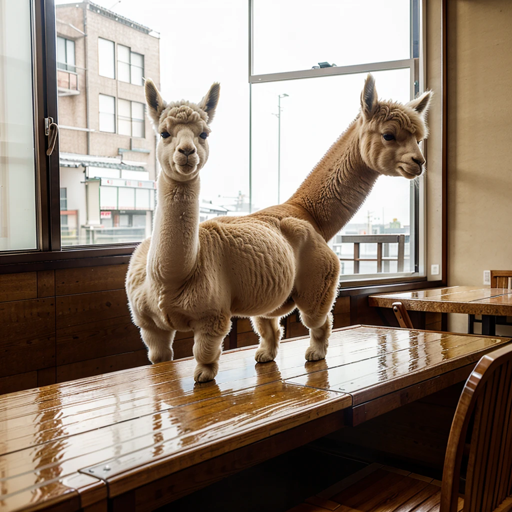 an alpaca in the Japanese Ramen shop. daytime ,  sit by the window,  tonkotsu ramen and gyoza on the table