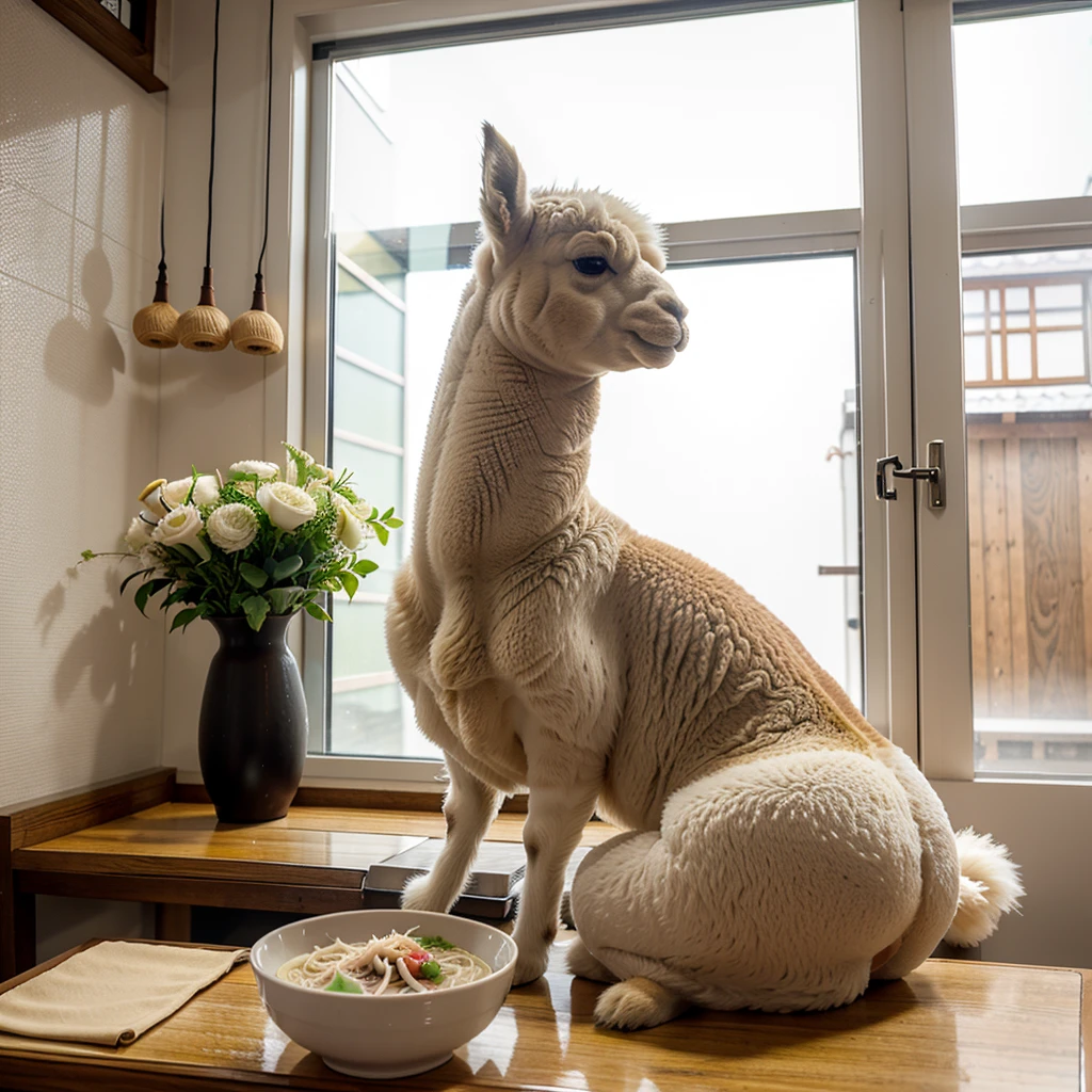 an alpaca in the Japanese Ramen shop. daytime ,  sit by the window,  tonkotsu ramen and gyoza on the table