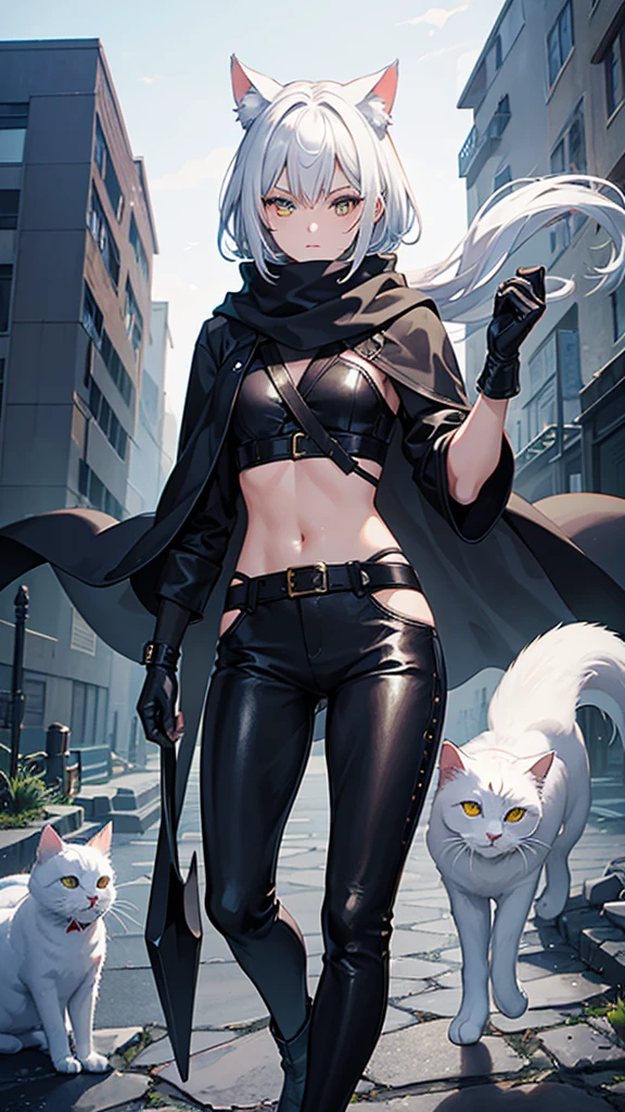 work of art, best qualityer, high resolution, 1 girl, synonym 1, scarf, short hair, mitts, ninja mask, long sleeves, leather pants, White hair, Cat's ears, white cat tail, roupas de rogue, leather pants, holding, holding faca, heterochromia, yellow eye, blue eye, 14 eyes old, hooded cloak, rogue rpg, rpg, ninja, ruins, medioval