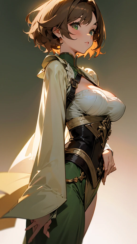 A girl with short fluffy light brown hair, dark green eyes, big breasts, pretty clothes and little uncovered 