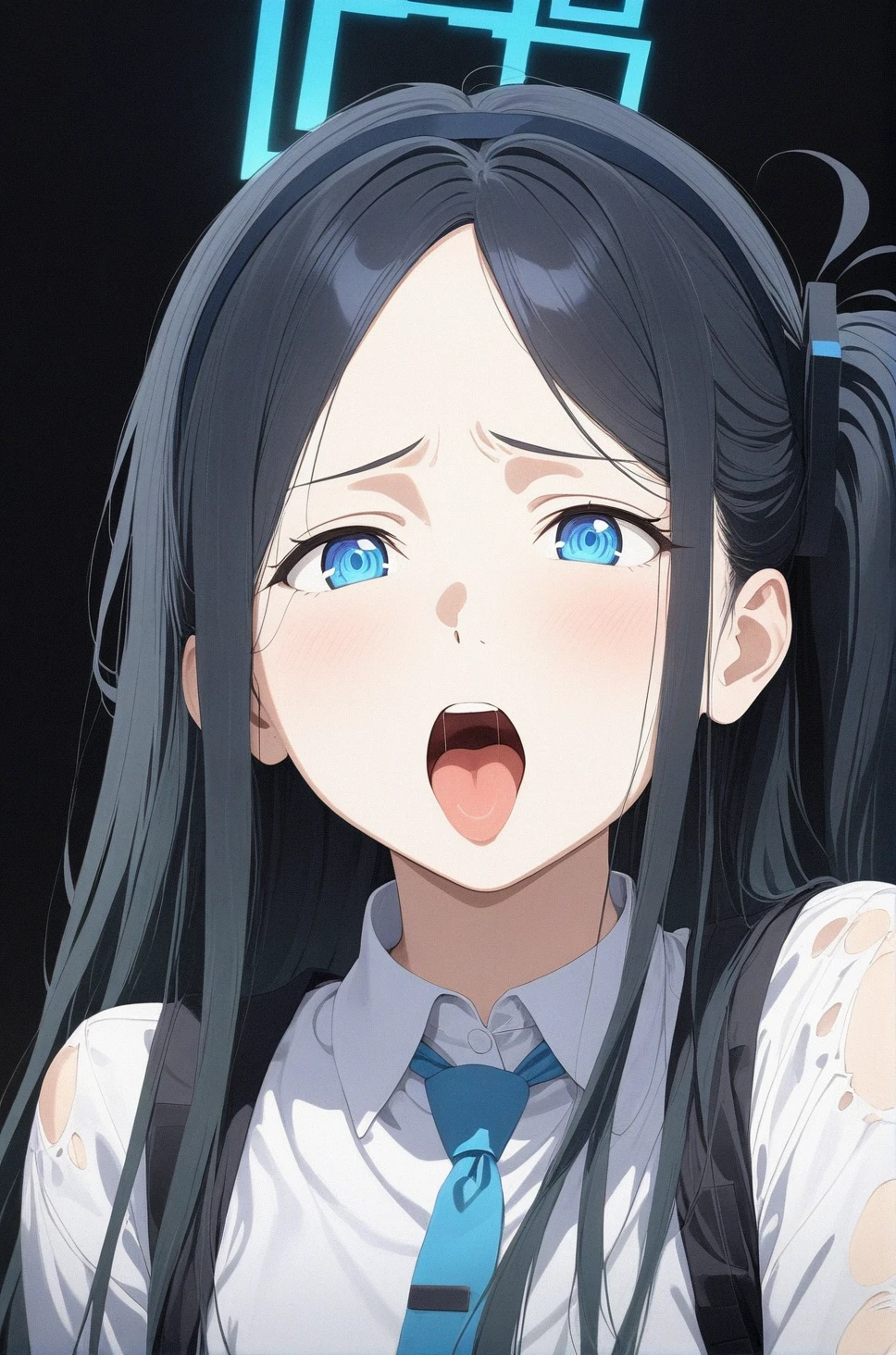 best quality, amazing quality, very aesthetic, absurdres, 1girl, aris (blue archive), blue archive, blue eyes, tongue out, (realistic face), (narrowed eyes), (cowboy shot), ), torn dress, (thigh), expressive eyes, perfect face, 4k, extremely detailed anime illustration, extremely detailed eyes, enhanced details, perfect ???????, light rays, photo background, extremely delicate body, smooth skin, feminine expression, (black background:1.5), cristal clear eyes, beautiful face,