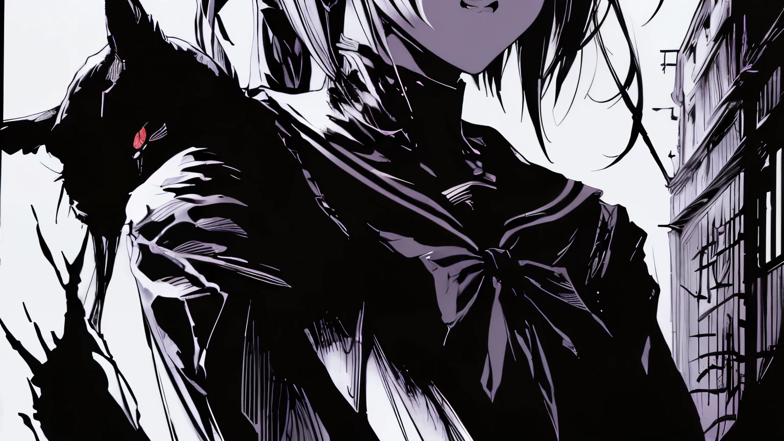 ノートを手に持つ、v5lcn style,Ink Art,(highest quality,Tabletop:1.2),(Black and white comic core:1.1),(extremely high contrast),Dark ink,One Girl,Shadow on face、8K,solve,high school girl,Sailor Suit,