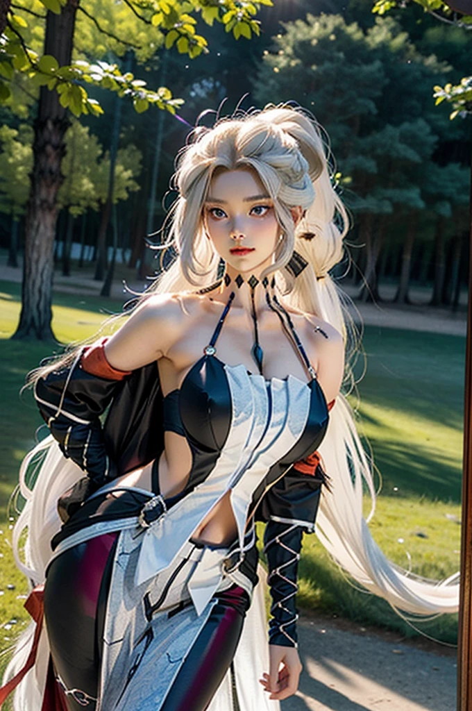 shen_he, beautiful girl, ((cowboy shot)), white hair, ((very long hair)),(gigantic breasts), braid ponytail, ponytail, jewelry, hair over one eye, black bodysuit, hip vent, shoulder cutout, navel, breasts curtain, hair ornament, blue eyes, upper body,outdoors, sunshine, lawn, flowers, sunny, lake, park,